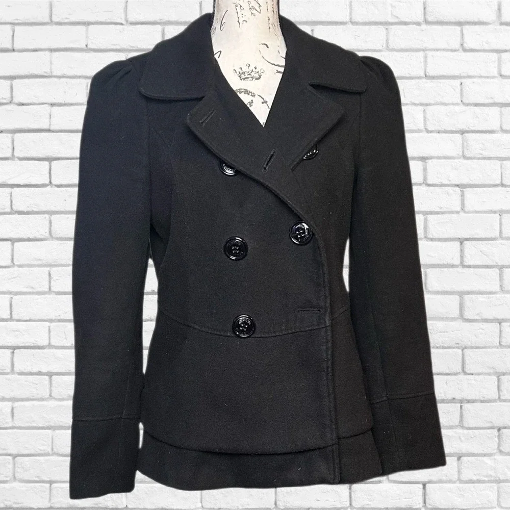 Steve Madden‎ Black Double Breasted Peacoat Puff Shoulder Snakeskin Lining Large